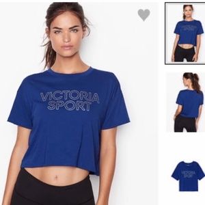 Victoria Sport Silver Letter Short Sleeves Blue Crop Top Size XL
